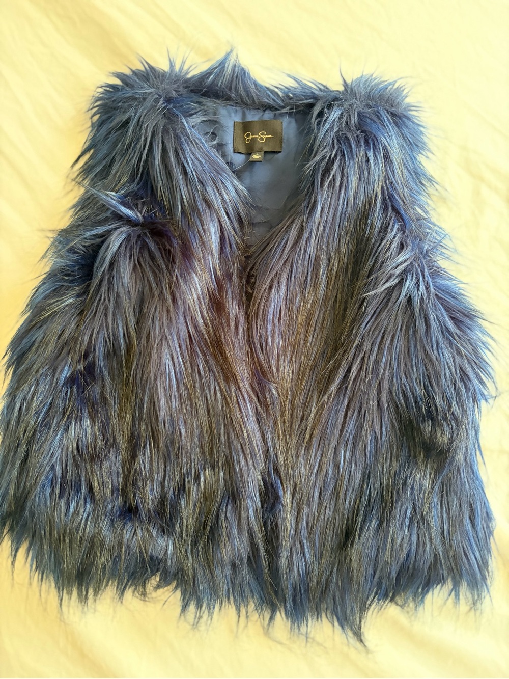 Navy Blue Faux Fur Vest Womens Large Jessica Simpson Plush Boho Winter